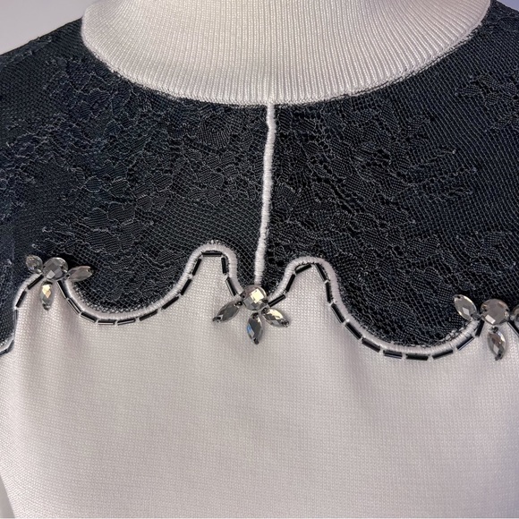 White Sweater Dress Black Lace Rhinestone Details Venus Size M - Picture 8 of 11